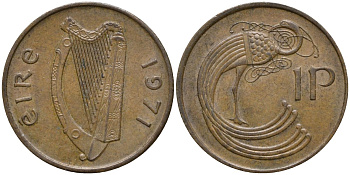Ирландия 1 пенни 1971 птица KM 20 бронза 4164-458