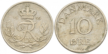 ДАНИЯ 10 ЭРЕ 1955 N; S, ФРЕДЕРИК IX (1947-1972) KM 841.1 медно-никель 3309-143