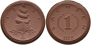 Саксония 1 марка 1921 парусник J. N 55 фарфор 1094-4-22