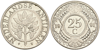 Нидерландские Антилы 25 центов 1991 Беатрикс (1980-2013) KM 35 сталь плакированная никелем 4364-1815
