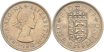 Великобритания 1 шиллинг 1960 Елизавета II (1952-2022), Английский герб KM 904, Spink 4147 медно-никель 4153-917