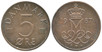 ДАНИЯ 5 ЭРЕ 1987 R; B, МАРГРЕТЕ II (1972-) KM 859.3 железо плакированное медью 100-1148