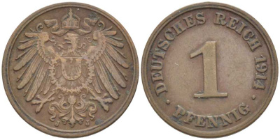 ГЕРМАНИЯ 1 ПФЕННИГ 1914 J KM 10, J. 10, Weege 2 медь 211-468