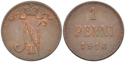 РОССИЯ ДЛЯ ФИНЛЯНДИИ 1 ПЕННИ 1916 НИКОЛАЙ II (1895-1917) KM 13, Биткин 476 медь 211-1015