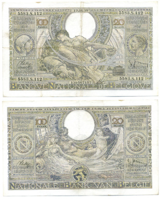 БЕЛЬГИЯ 100 ФРАНКОВ = 20 БЕЛГА 1939 12 ЯНВАРЯ 1939 Pick 107 бумага 7486-67-1-1