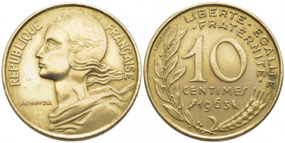 ФРАНЦИЯ 10 САНТИМОВ 1963 ТИП MARIANE KM 929, LE FRANC 144.3 алюминиевая бронза 105-1223