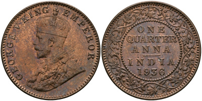 Британская Индия 1/4 анна 1936 Георг V (1910-1936) KM 512 бронза UNC 94-253