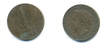 Нидерланды 1 цент 1948 Вильгельмина (1890-1948), год тип KM 175 бронза 83-914
