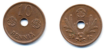 ФИНЛЯНДИЯ 10 ПЕННИ 1942 KM 33.1 медь 51-4961
