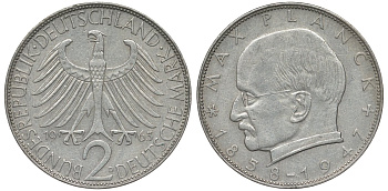 ФРГ 2 марки 1963 D, Макс Планк KM 116, J. 392 медно-никель плакированный никелем 72-323