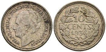 Нидерланды 10 центов 1936 Вильгельмина I (1890-1948) КМ 163 серебро 75-936