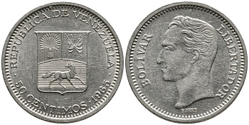 Венесуэла 50 сентимо 1965 Симон Боливар KM 41, Schon 51 никель 4532-311