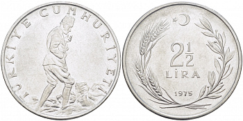 ТУРЦИЯ 2 1/2 ЛИРЫ 1975 KM 893.2 сталь 4179-114