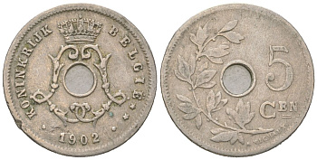 Бельгия 5 сантимов 1902 BELGI?, Леопольд II (1865-1909) KM 47 медно-никель 4617-619