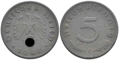 ГЕРМАНИЯ 5 РЕЙХСПФЕННИГОВ 1941 F KM 100, J. 370 цинк 105-229