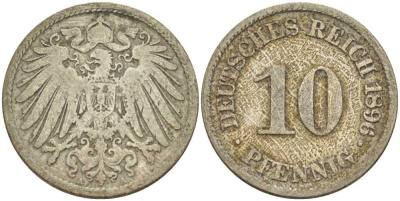 ГЕРМАНИЯ 10 ПФЕННИГОВ 1896 A KM 12, J. 13, Weege 8 медно-никель 261-1256