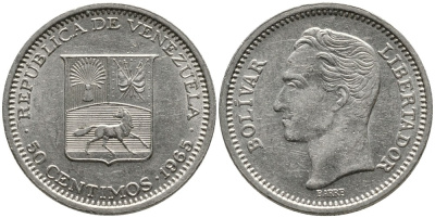 Венесуэла 50 сентимо 1965 Симон Боливар KM 41, Schon 51 никель 4532-311