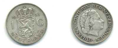 Нидерланды 1 гульден 1955 Юлиана (1948-1980) KM 184 серебро 83-737