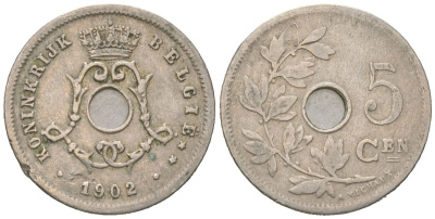 Бельгия 5 сантимов 1902 BELGI?, Леопольд II (1865-1909) KM 47 медно-никель 4617-619
