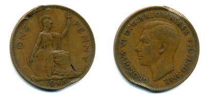Великобритания 1 пенни 1945 Георг VI (1936-1952) KM 845, Spink 4114 бронза 37-1034