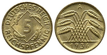 ГЕРМАНИЯ 5 РЕЙХСПФЕННИГОВ 1936 A, KM 39, J. 316 алюминиевая бронза 4380-1036