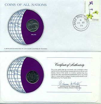 ИРЛАНДИЯ 5 ПЕНСОВ 1976 конверт с маркой первого дня гашения, Coins of Nations KM 22 медно-никель UNC 4294-46-2