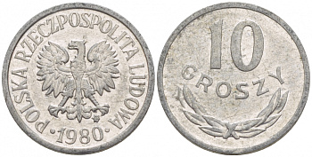 ПОЛЬША 10 ГРОШЕЙ 1980 MW KM АА47 алюминий 4549-765