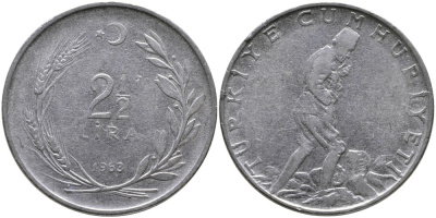 ТУРЦИЯ 2 1/2 ЛИРЫ 1963 KM 893.1 нержавеющая сталь 29-1035