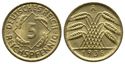 ГЕРМАНИЯ 5 РЕЙХСПФЕННИГОВ 1936 A, KM 39, J. 316 алюминиевая бронза 4380-1036