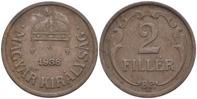 Венгрия 2 филлера 1938 BP KM 506 бронза 4115-1163