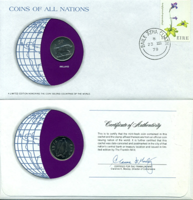 Ирландия 5 пенсов 1976 конверт с маркой первого дня гашения, Coins of Nations KM 22 медно-никель  UNC   4294-46-2