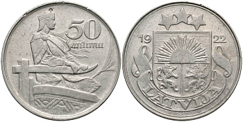Латвия 50 сантимов 1922 первая Республика (1918-1939) KM 6 никель 27-1216