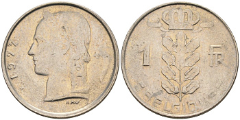 Бельгия 1 франк 1977 Belgique, Бодуэн I (1951-1993) KM 142.1 медно-никель 4175-326