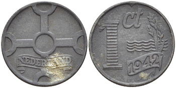 НИДЕРЛАНДЫ 1 ЦЕНТ 1942 ВИЛЬГЕЛЬМИНА I (1891-1948), ГЕРМАНСКАЯ ОККУПАЦИЯ, ВТОРАЯ МИРОВАЯ ВОЙНА KM 170 цинк 4532-1134