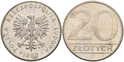 Польша 20 злотых 1990 MW KM 153.2, Parchimowicz 255b медно-никель 4566-412
