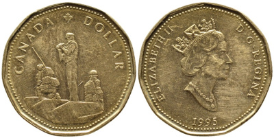 КАНАДА 1 ДОЛЛАР 1995 МЕМОРИАЛ МИРОТВОРЦАМ В ОТТАВЕ, ЕЛИЗАВЕТА II (1952-) KM 258 никель позолота 4542-134