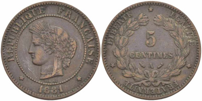 ФРАНЦИЯ 5 САНТИМОВ 1881 А, ТРЕТЬЯ РЕСПУБЛИКА (1871-1940) KM 821.1, LE FRANC 118.23 бронза 108-627