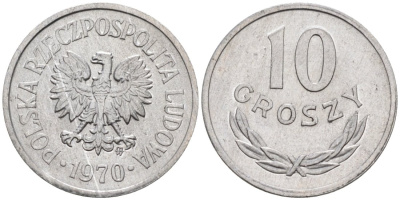 Польша 10 грошей 1970 MW KM АА47, Parchimowicz 206i алюминий UNC 4564-1053