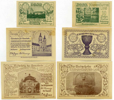 Австрия, Кремсмюнстер набор из 3 банкнот 10, 20, 50 геллеров 1920 31 декабря 1920, нотгельд, коммуна в земле Верхняя Австрия   бумага  UNC (пресс) 7555-26-4-2