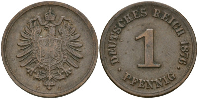 Германия 1 пфенниг 1876 G, Вильгельм I (1871-1888) KM 1, J. 1 медь 4547-434