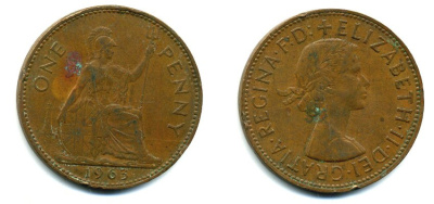 Великобритания 1 пенни 1963 Елизавета II (1952-2022) KM 897, Spink 4157 бронза 57-923