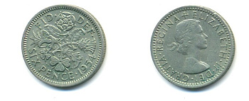 Великобритания 6 пенсов 1954 Елизавета II (1952-2022) KM 903, Spink 4149 медно-никель 80-921