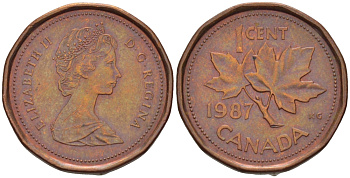 Канада 1 цент 1987 Елизавета II (1952-2022), кленовый лист KM 132 бронза 54-711