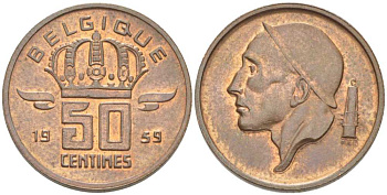 БЕЛЬГИЯ 50 САНТИМОВ 1959 BELGIQUE, БОДУЭН I (1951-1993) KM 148.1 бронза 206-165