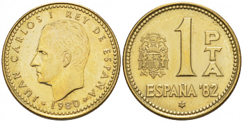 Испания 1 песета 1980 (82) чемпионат мира по футболу в Испании 1982 года, Хуан Карлос I (1975-) KM 816 алюминиевая бронза UNC 77-614