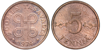 ФИНЛЯНДИЯ 5 ПЕННИ 1974 KM 45 медь 3334-1057