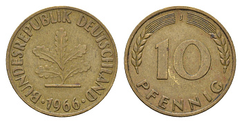 ФРГ 10 пфеннигов 1966 J KM 108, J. 383 сталь плакированная латунью 4618-1148