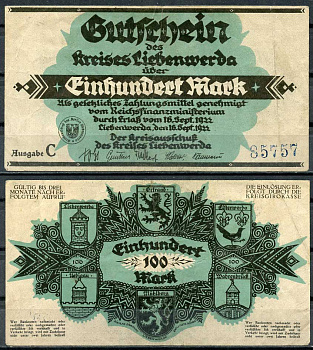 Германия, Либенверда 100 марок 1922 нотгельд, 16.09.1922, серия C M. 2720.3 бумага UNC (пресс) 444-65-2-2