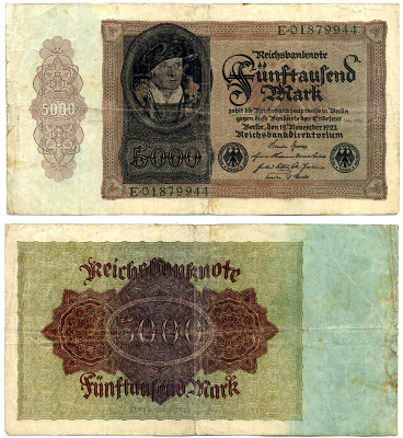 ГЕРМАНИЯ 5000 МАРОК 1922 19 НОЯБРЯ 1922, ВЫПУСК (ЯНВАРЬ 1923-5 ИЮЛЯ 1925), СЕРИЯ Е 01879944 Pick 78, Роземберг 77 бумага 7523-28-2-2