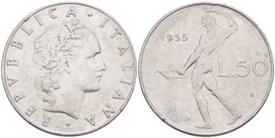 ИТАЛИЯ 50 ЛИР 1955 R, БОГ ОГНЯ ВУЛКАН У НАКОВАЛЬНИ KM 95.1 нержавеющая сталь 4551-333